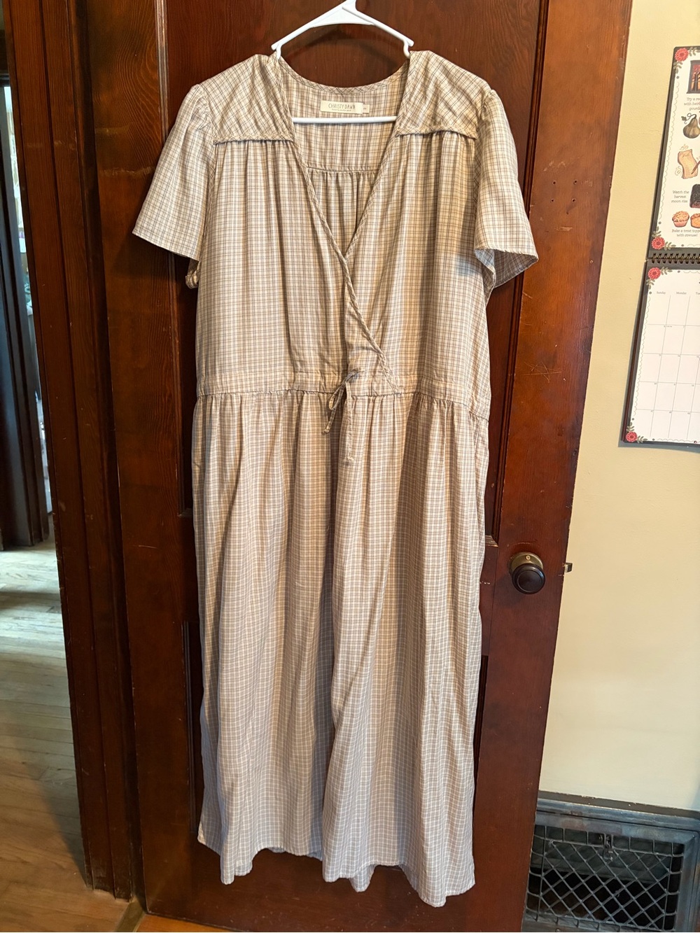 Christy Dawn Taupe Check Midi Dress with Tie Waist